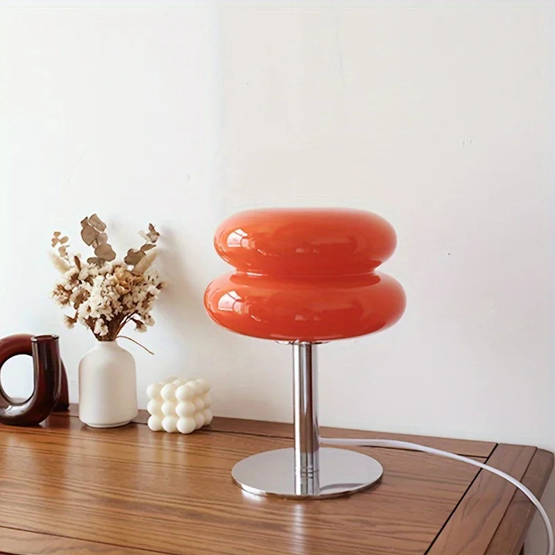 lampe table led deux globes superposés base chromée rétro couleur orange rose jaune