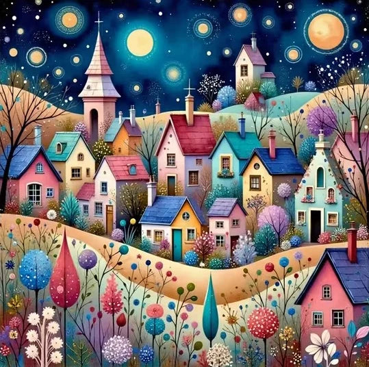 broderie point croix paysage nuit maison fleurs coton moderne artisanal multicolore guide couleurs