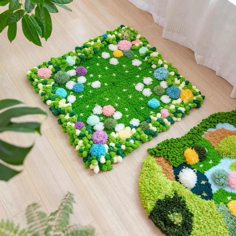 tapis décoratif tapisserie artisanale motif floral couleurs vives créatif tapis mousse boules laine