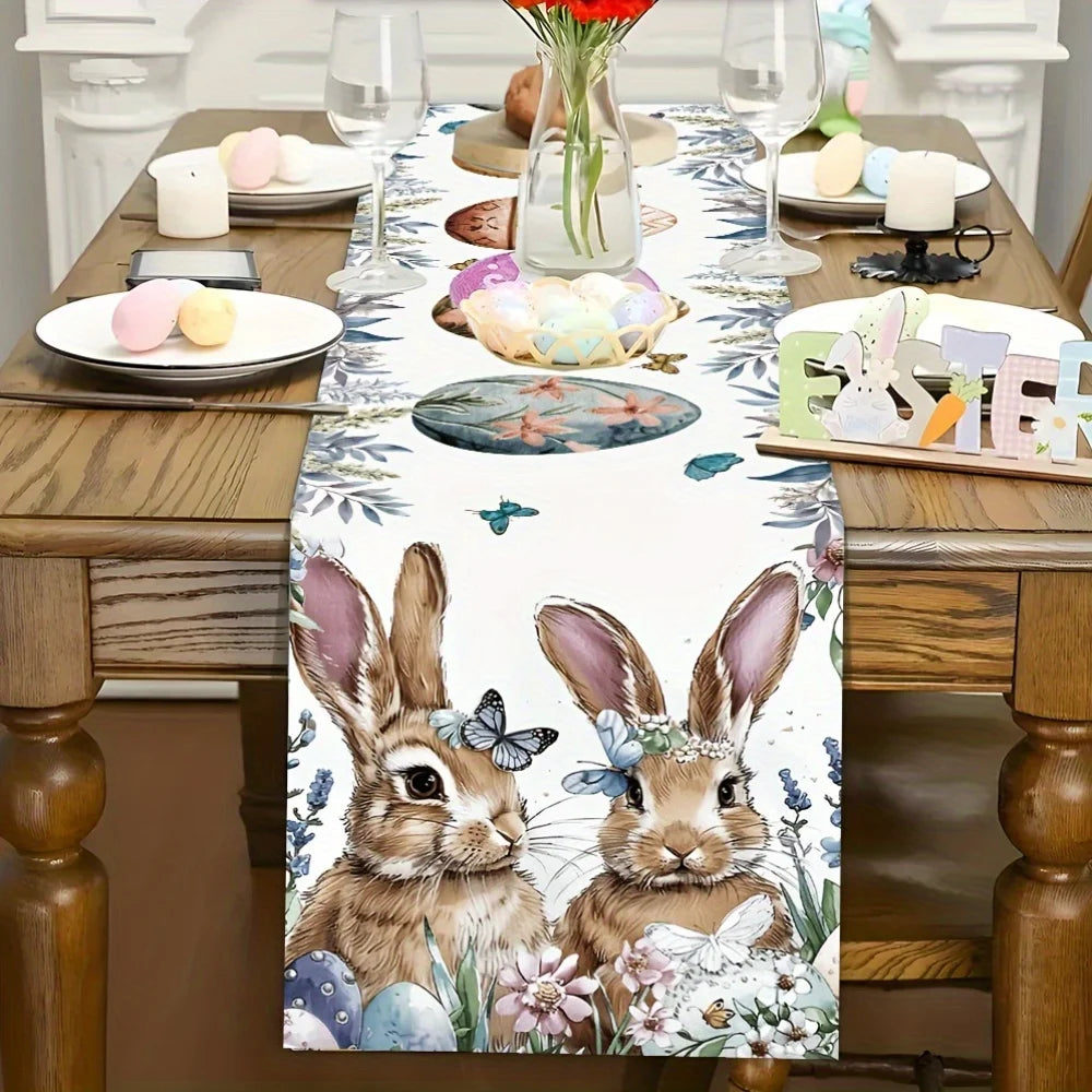 tableau chemin table illustratif lapins fleurs printemps blanc marron bleu vert rose