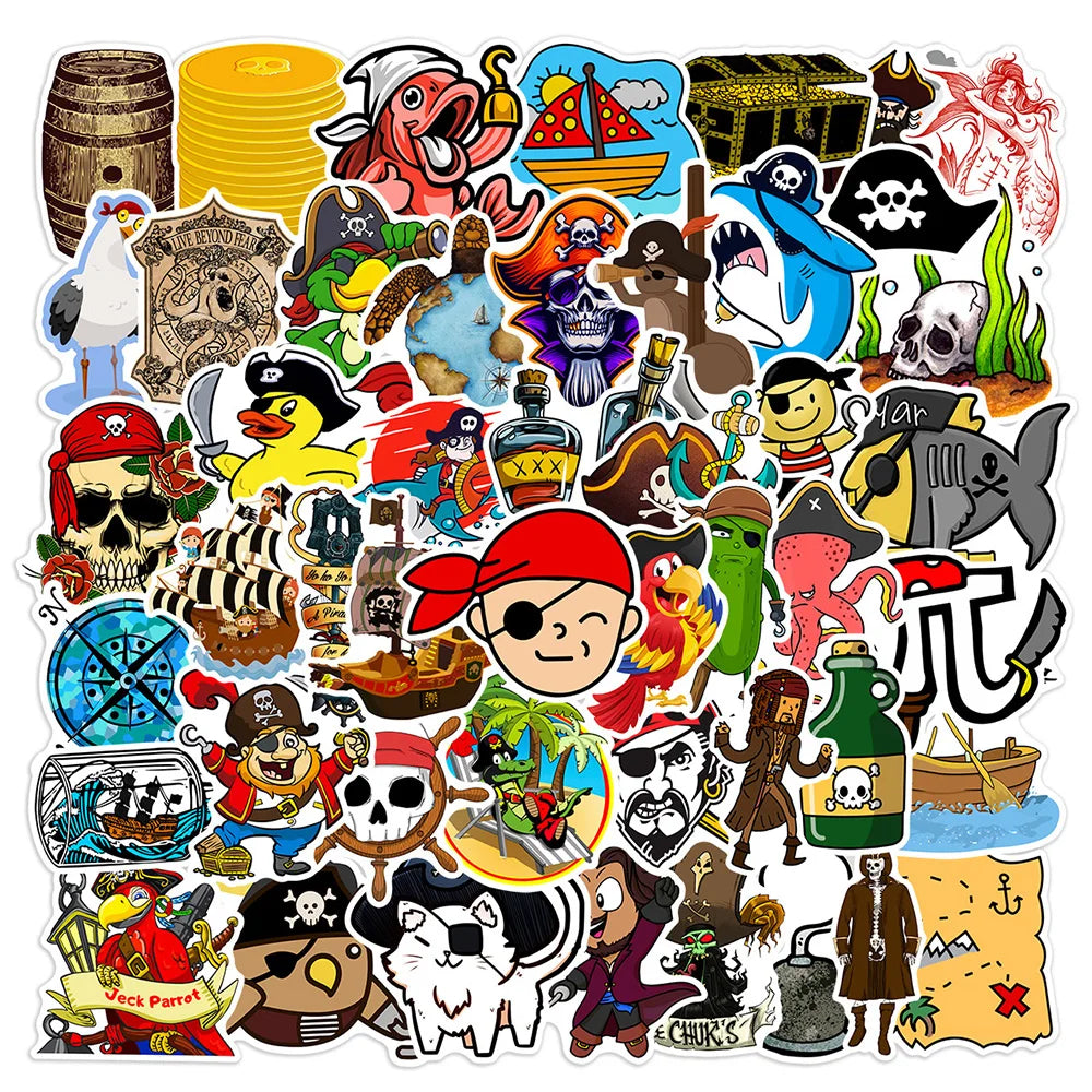 sticker pirate dessin animé multicolore adhésif trésor bateau animaux marins collection stickers decoration portable