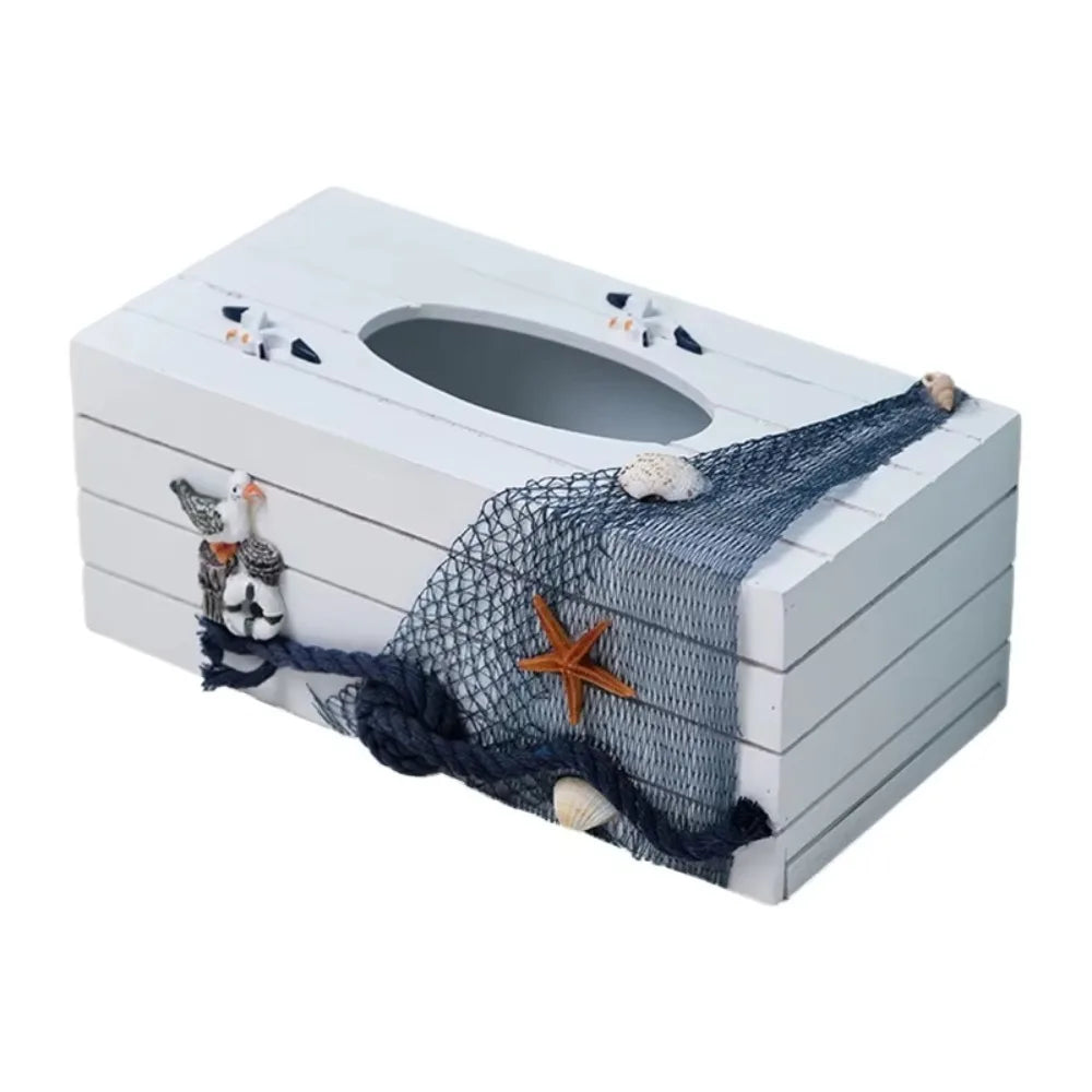boîte mouchoirs thème marin blanc bleu marine orange coquillage filet pêche étoile mer roue