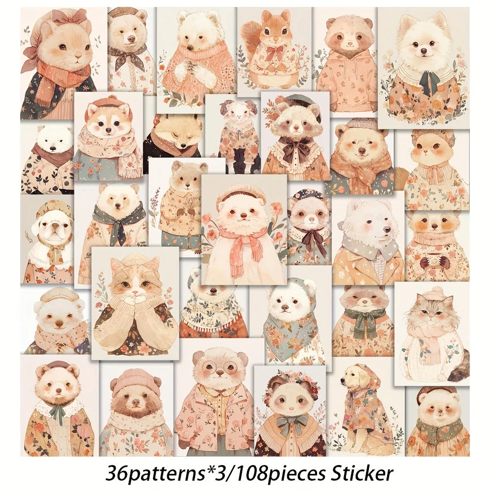 autocollants chats ours costumés illustrations floraux dessin animé vintage noir blanc rose marron vert