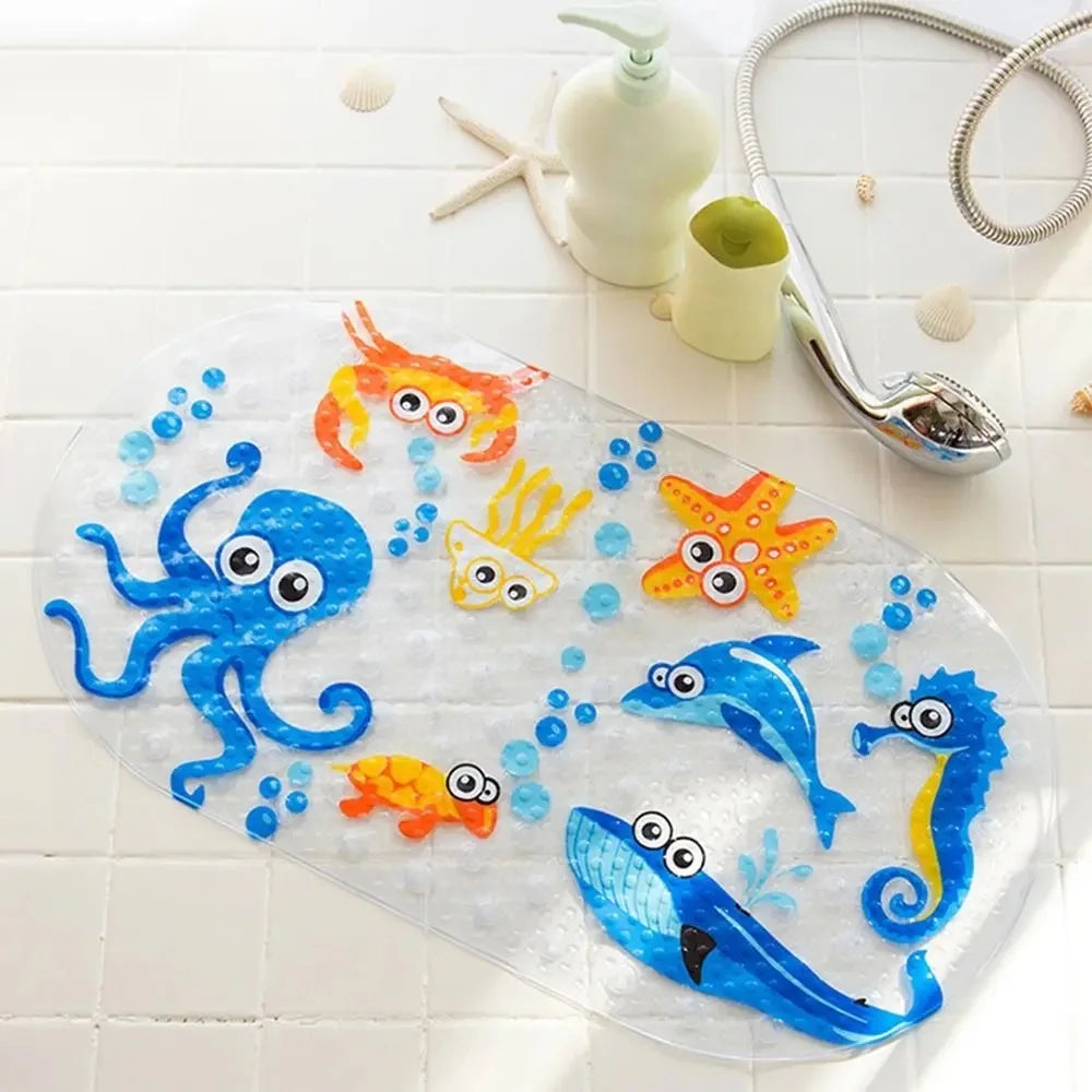 tapis bain antidérapant animaux marins bleu orange jaune rose blanc ventouses bulles texturées salle