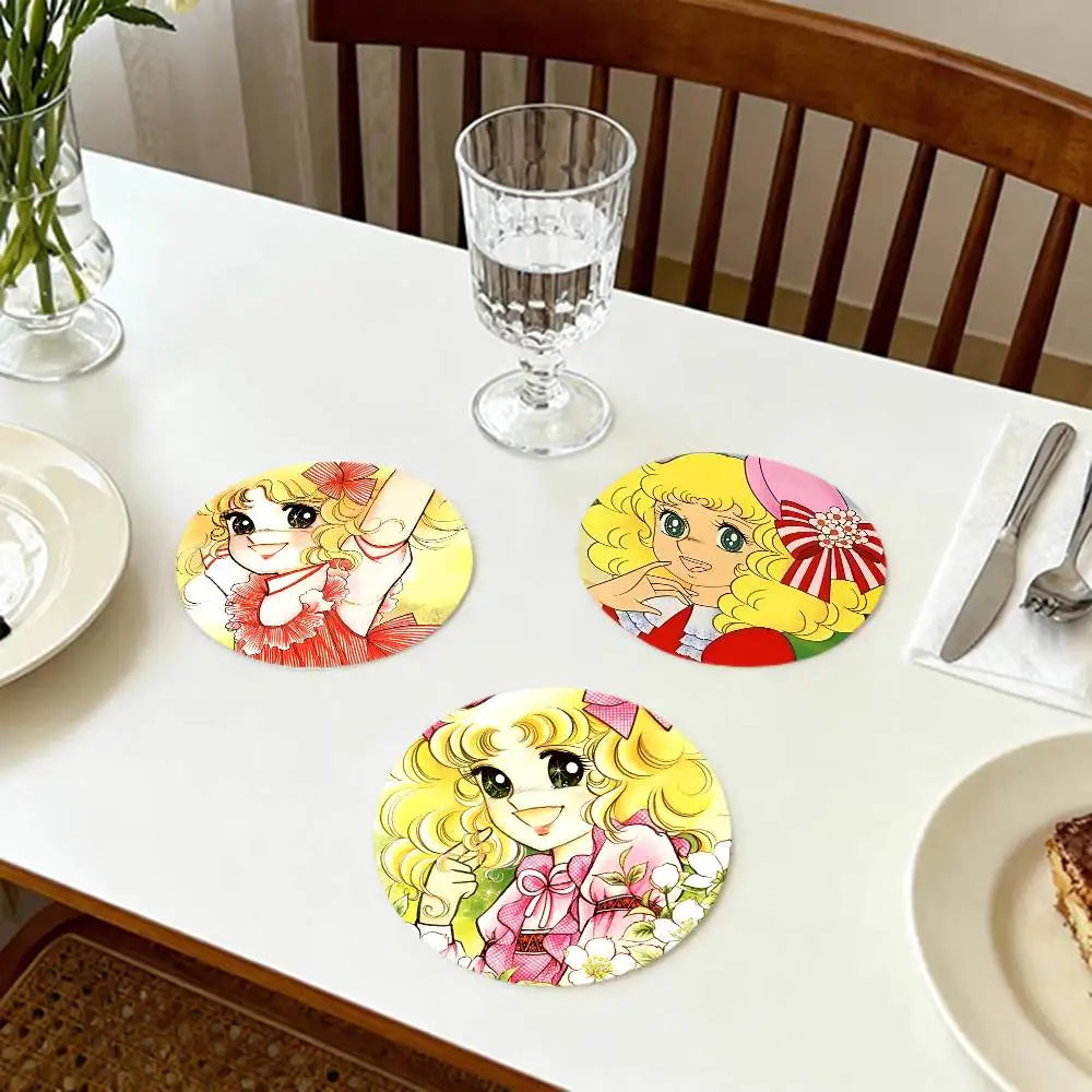 sous verres ronds fibre bambou multicolores illustration fille accessoires colorés dessin animé