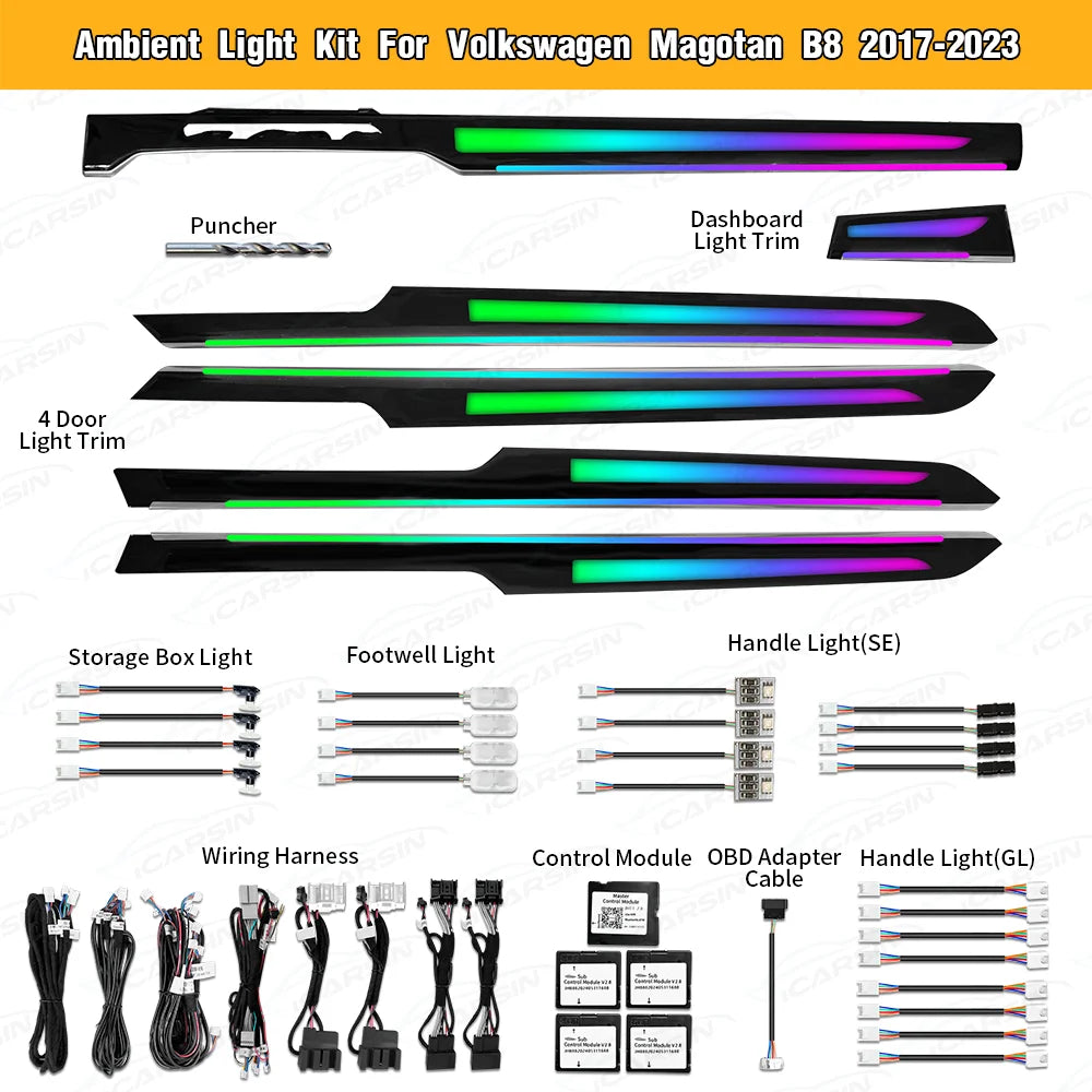 lumière ambiant kit vw magotan b8 2017 2023 noir vert bleu violet blanc rayures
