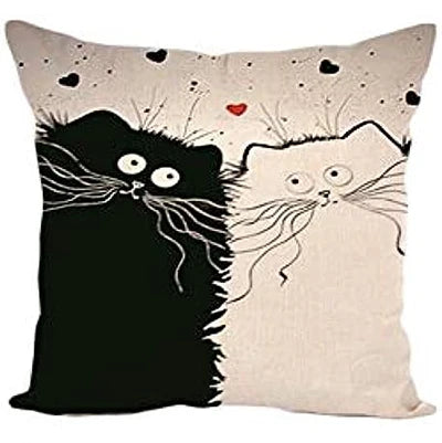 taie d'oreiller lin motif chats noir blanc moderne 45x45cm fixée