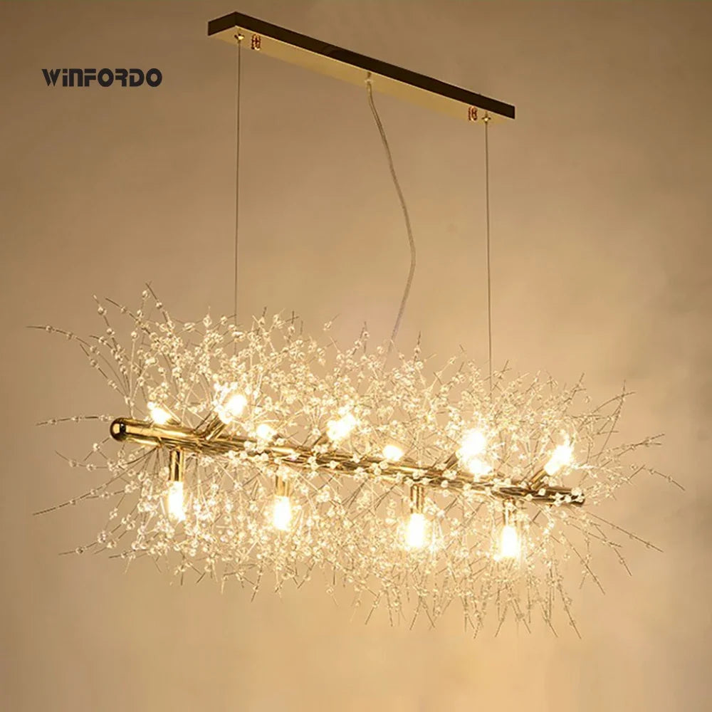 suspension lumineuse moderne cristal doré branches feu d'artifice led transparente élégante semi encastrée