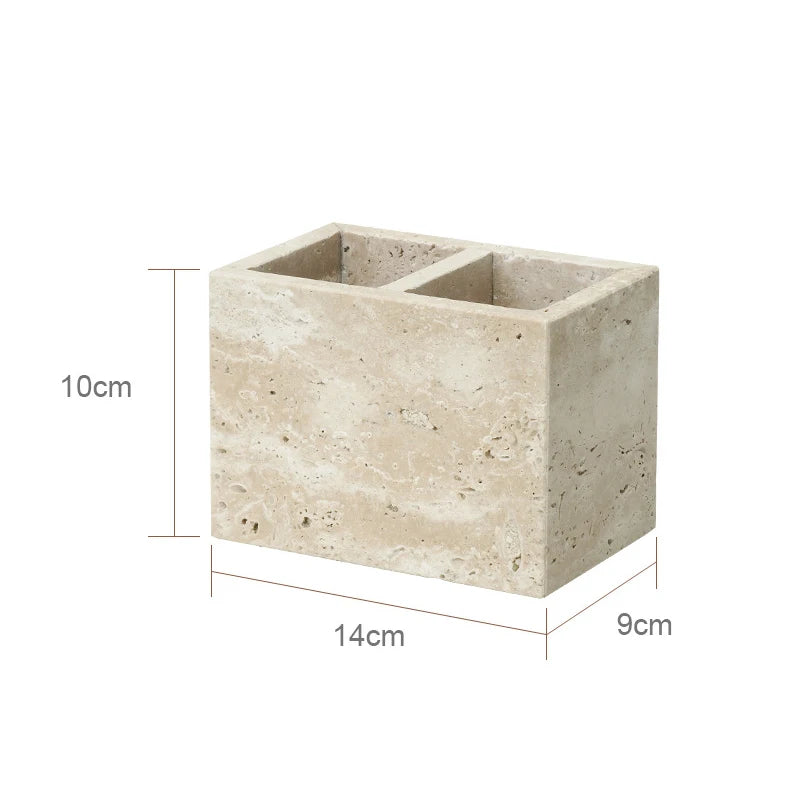 ensemble accessoires salle bain travertin beige distributeur savon plateau pot coton diffuseur moderne