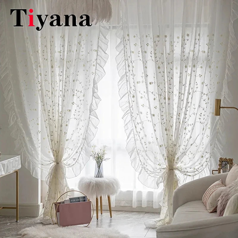 rideau polyester coton brodé fleurs blancs transparent romantique fenêtre française decoration balcon wedding