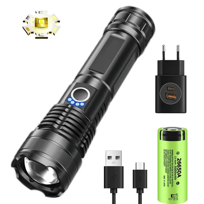 torche rechargeable led puissante zoom camping résistante autodéfense lisse noire