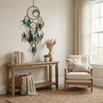décoration murale attrape rêves boho chic plumes colorées textiles marron bleu gris