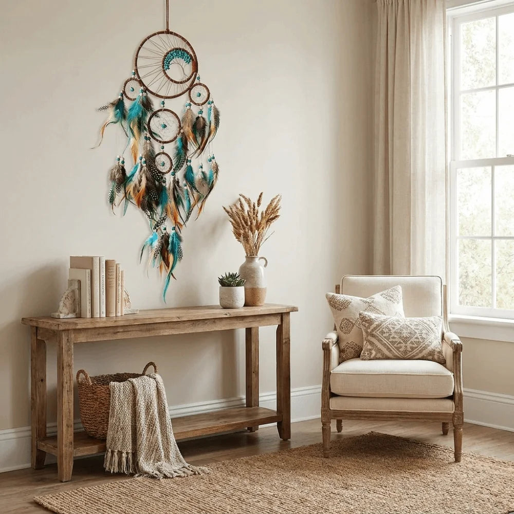 décoration murale attrape rêves boho chic plumes colorées textiles marron bleu gris