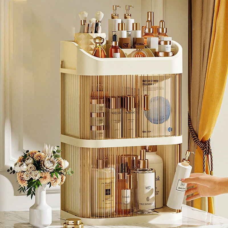 rangement cosmétique étagère moderne beiges doré rayures bouteilles tubes flacons poudres palettes maquillage
