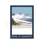 Affiche vintage représentant un paysage enneigé avec une maison et des montagnes en arrière-plan, avec l'inscription "PEN-Y-GHENT".