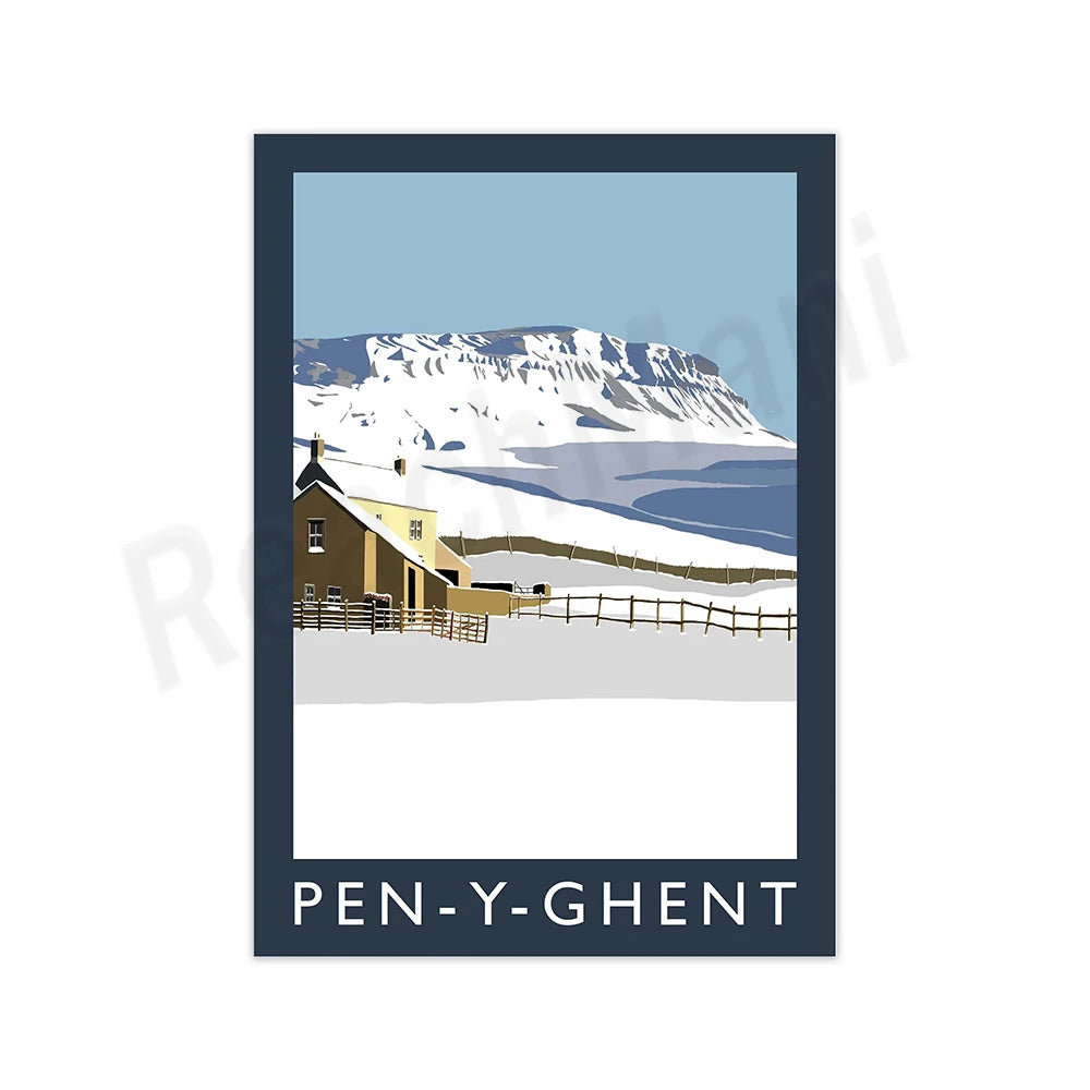 Affiche vintage représentant un paysage enneigé avec une maison et des montagnes en arrière-plan, avec l'inscription "PEN-Y-GHENT".