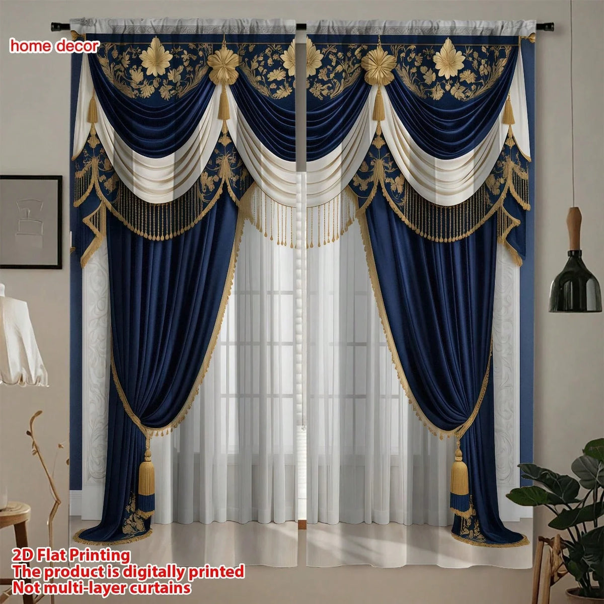 rideaux élégants broderie florale dorée franges pompons bleu marine moderne maison