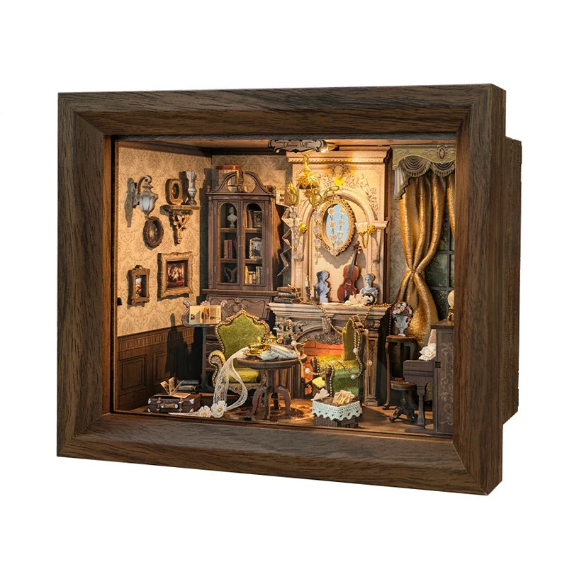miniature salon bois classique fauteuils tapis rideaux horloge décoration cadeau anniversaire adulte