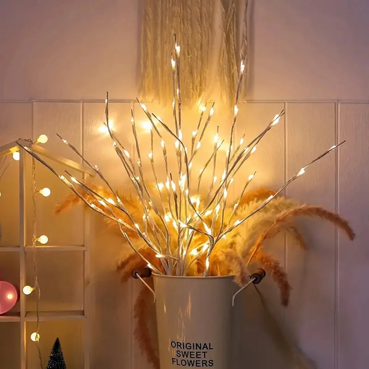 branche artificielle lumineuse 50 led blanc doré filament moderne décoration noël adhésif