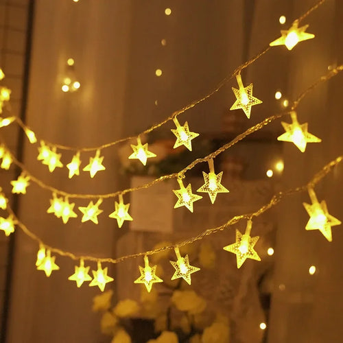 guirlande lumineuse led étoiles blanches dorées décoration noël mariage fête intérieur extérieur clips fixation