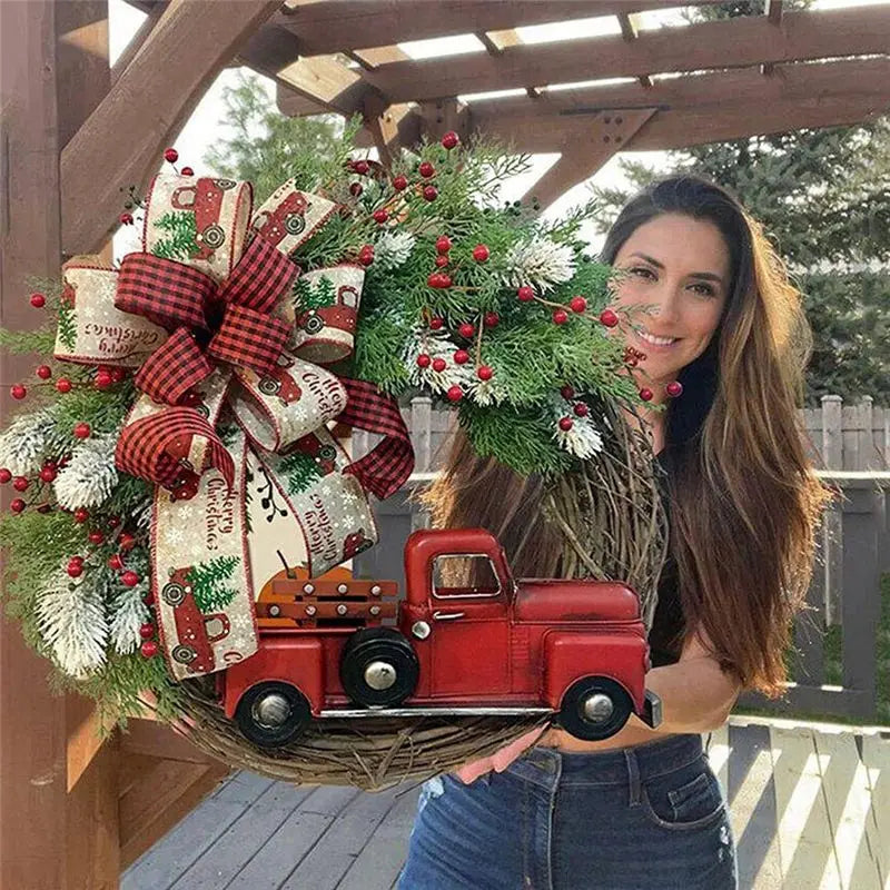 couronne noel rouge verte feuilles sapin baies rouges rubans carreaux texte merry christmas rustique
