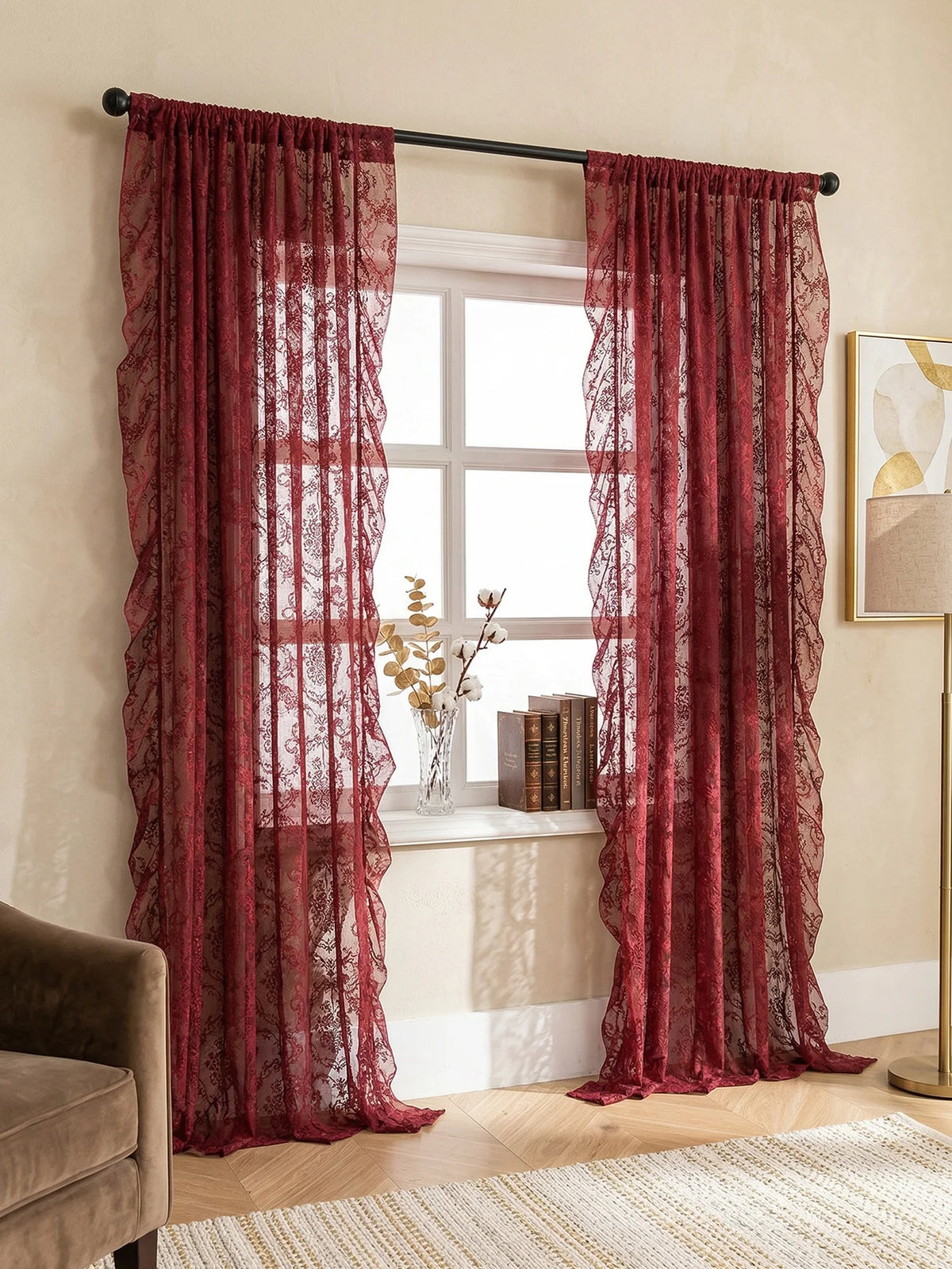 rideau classique broderie florale rouge bordeaux semi transparent décoratives 140x160cm 140x200cm 140x260cm