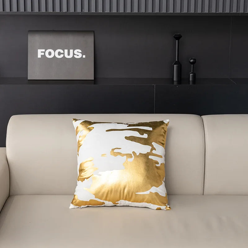 coussins décoratifs contemporains blanc doré motif abstrait non toxique respectueux environnement polyester opacité fixés