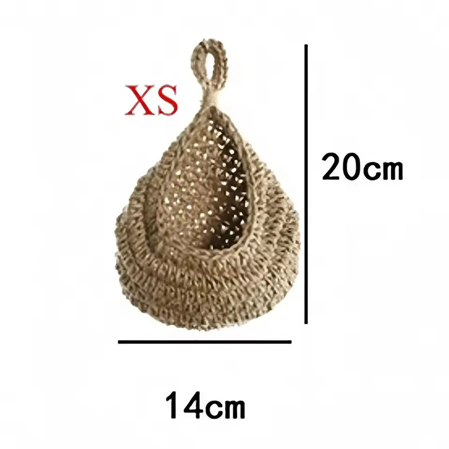 paniers suspendus tissu crocheté beiges rustiques respectueux environnement anneaux métalliques multifonctionnels rangement cuisine decoration