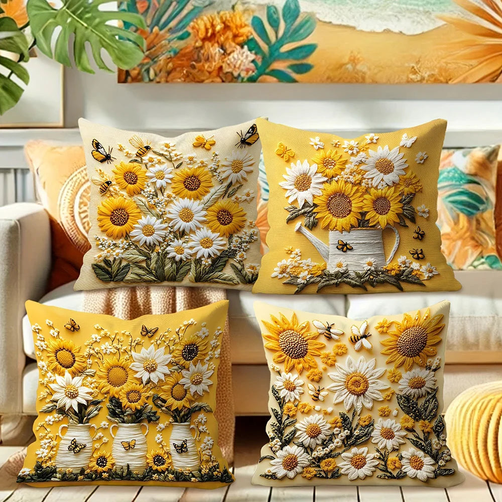 taies d'oreiller décoratives imprimées fleurs tournesols marguerites papillons polyester peachskin 40x40cm 45x45cm 50x50cm 60x60cm