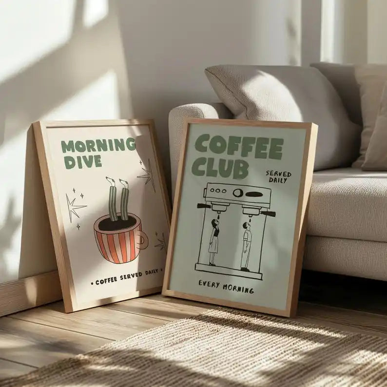 affiches modernes illustration Morning Dive Coffee Club minimaliste beige clair vert pastel orange noir