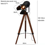 lampe sol trépied industriel vintage bois noir métal doré salon étude
