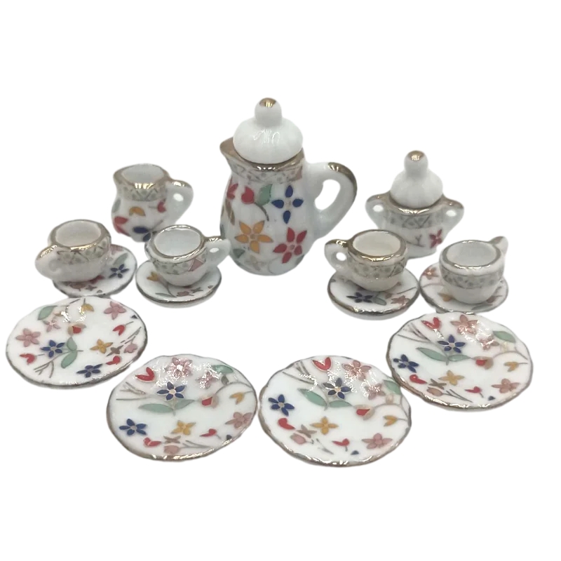 service thé miniature blanc doré rose bleu vert fleurs classique tasse théière soucoupe assiette