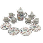 service thé miniature blanc doré rose bleu vert fleurs classique tasse théière soucoupe assiette