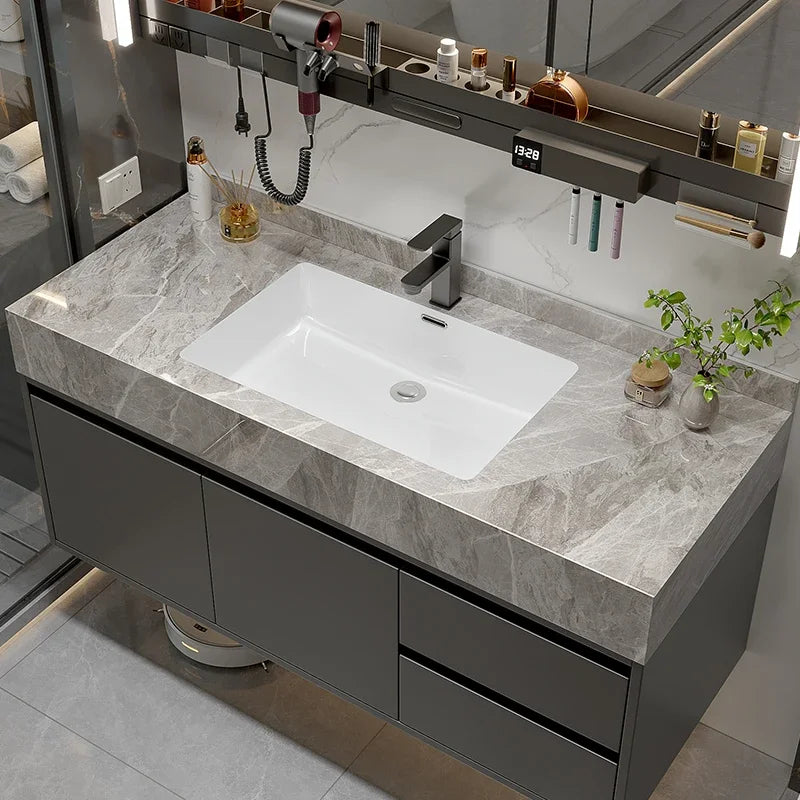 meuble salle bain gris marbre armoire miroir mural moderne étagère bois massif