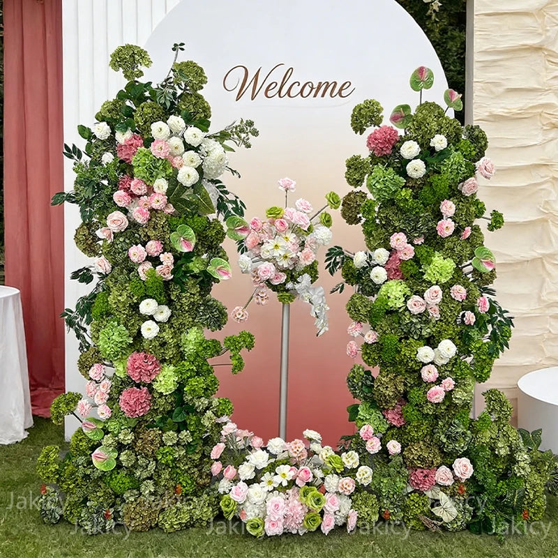 Arche décorative moderne fleurs artificielles vert rose blancextérieur maison événement