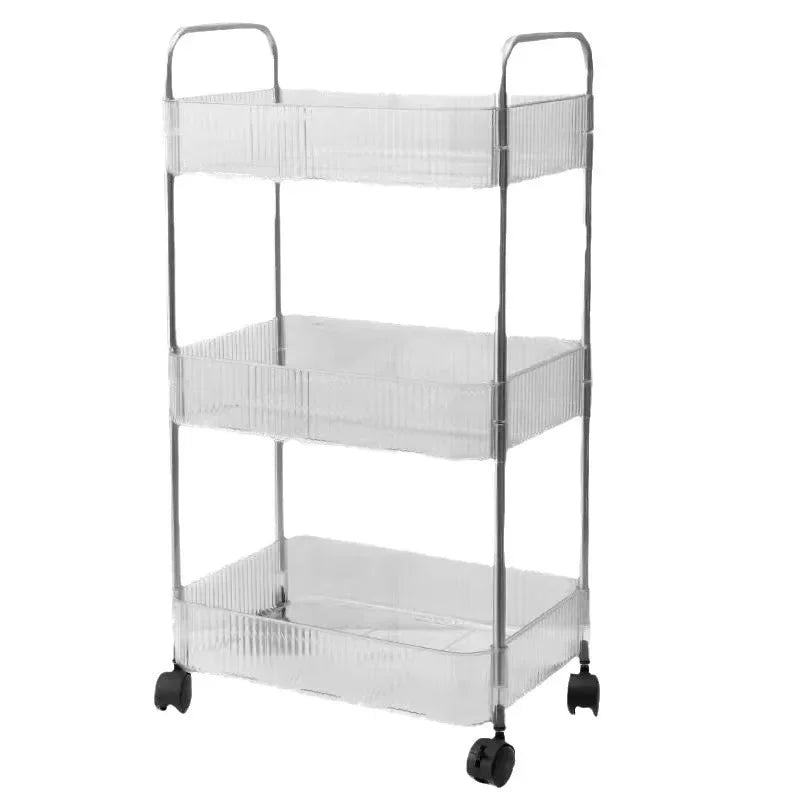 chariot roulettes transparent moderne filetage niveaux boîtes divers biscuits thé cosmétiques jouets