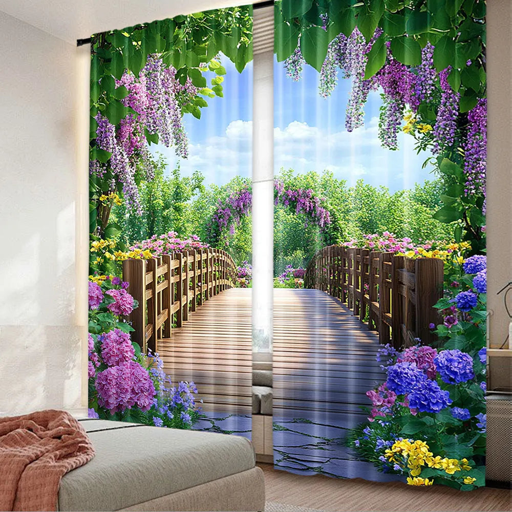 rideau impression numérique vert violet blanc paysage pont fleurs feuilles 75x166cm 105x230cm 130x210cm