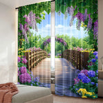 rideau impression numérique vert violet blanc paysage pont fleurs feuilles 75x166cm 105x230cm 130x210cm