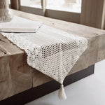 chemin table coton blanc cassé crocheté motif floral pompon rustique