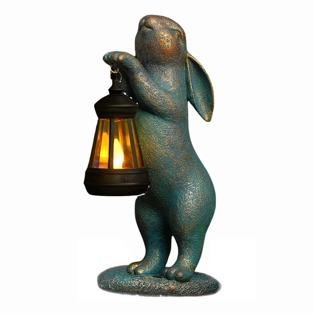 statue jardin lapin lanterne bleu turquoise doré texture patinée led automatique