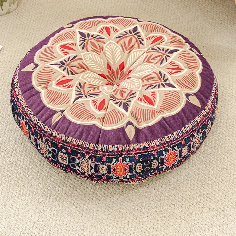coussin rond boho chic motifs floraux géométriques antidérapant polyester blanc bleu