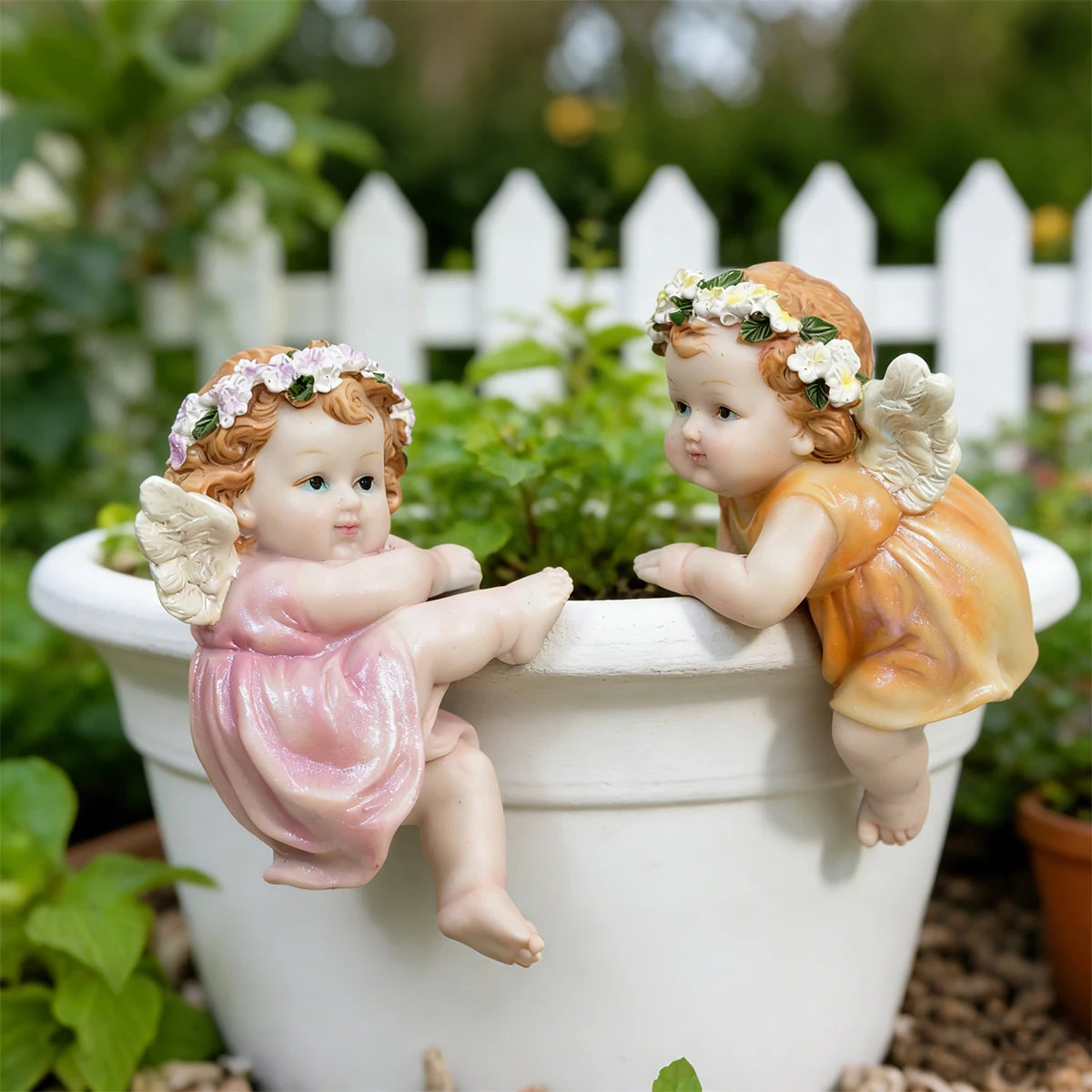 statue ange fée résine decoration jardin pot fleurs balcon ornement angel cherub wings flowers