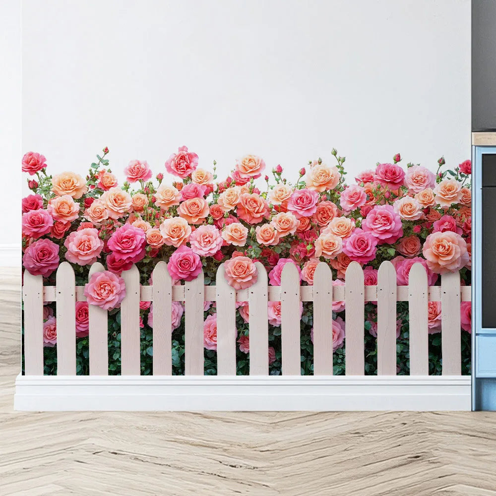 décoration murale sticker floral rose feuillage clôture verte jardin romantique moderne 30x60cm