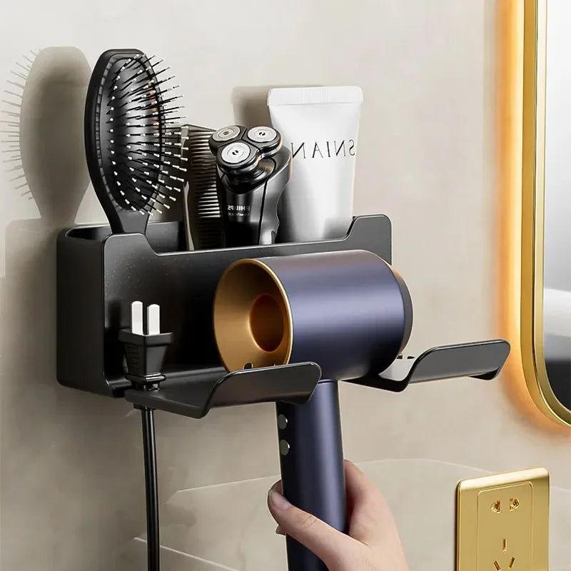 organisateur mural salle bain sèche cheveux brosse rasoir moderne minimaliste noir doré