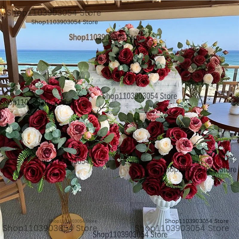bouquet fleurs artificielles roses rouges blanches feuilles vertes base dorée décoration table mariage fête
