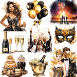 décoration festive ornement gâteau champagne bougie horloge bouquet fleurs noël carnaval masque
