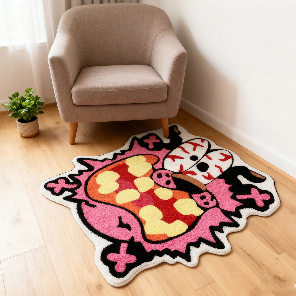 tapis dessin animé polyester antidérapant moderne rose noir blanc orange