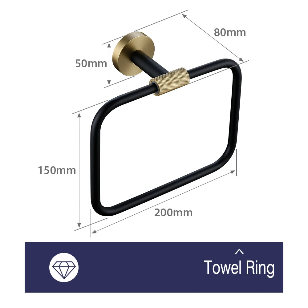 accessoires salle bains porte serviettes moderne porte savon noir doré texture moletée fixations élégants