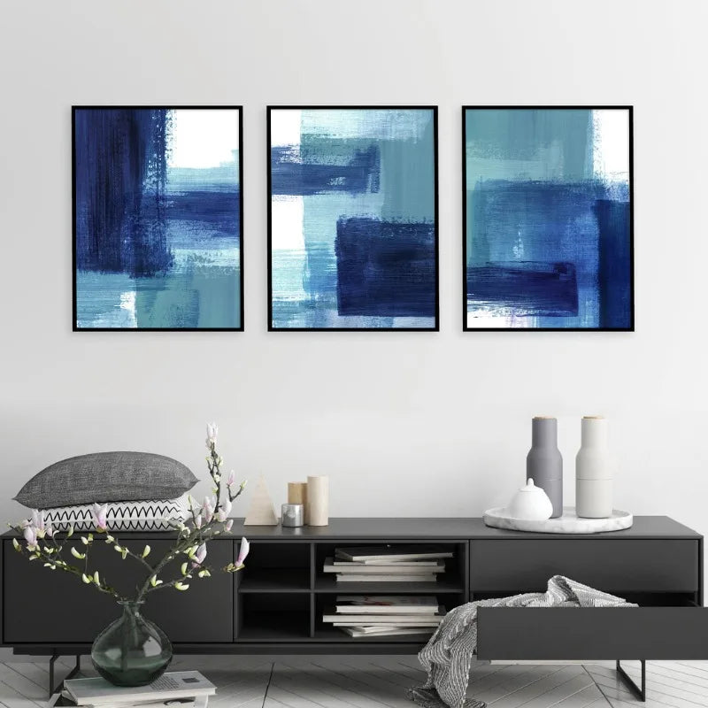 toile d'art abstraite contemporaine bleu gris blanche peinture aquarelle minimaliste sans cadre