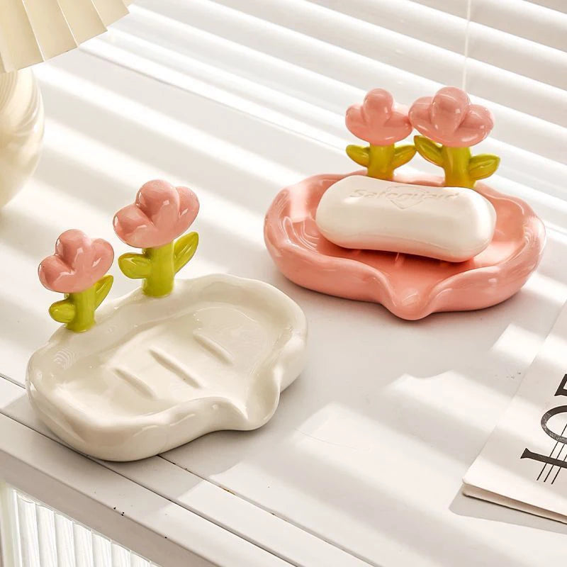 support savon moderne fleurs roses blanc vert salle bain décoratif